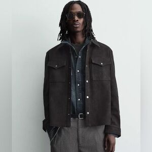 New Zara Relaxed Fit Faux Leather Overshirt Jacket Brown Pockets Button Size XL
